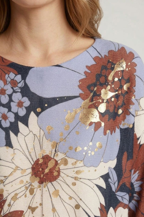 Navy | Floral Metallic Print Boat Neck Jumper