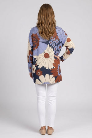 Navy | Floral Metallic Print Boat Neck Jumper
