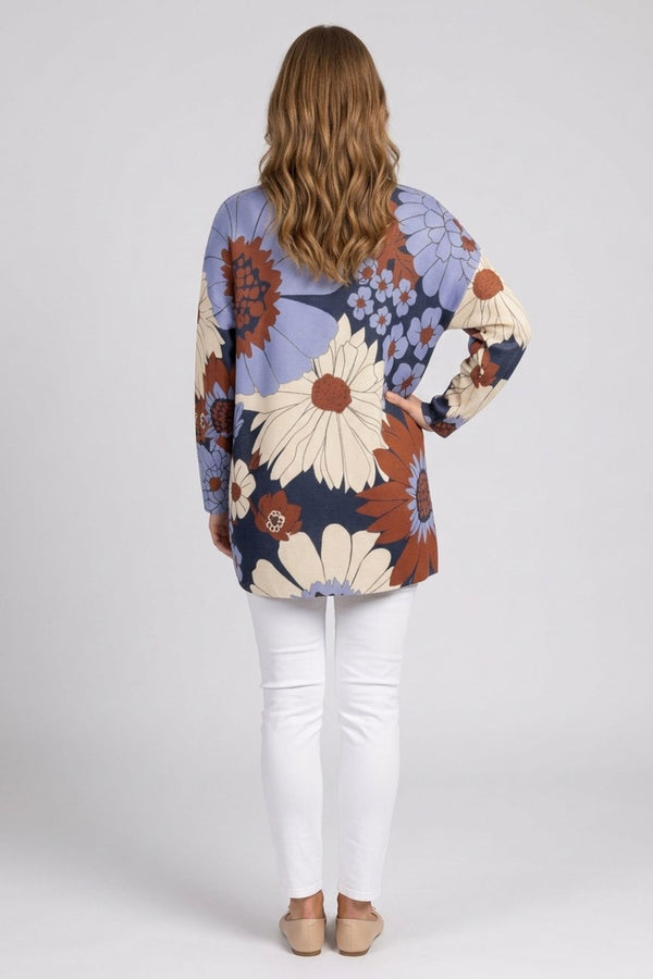 Navy | Floral Metallic Print Boat Neck Jumper