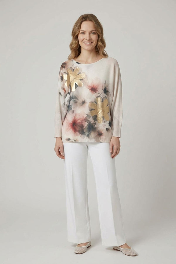 Grey | Floral Metallic Batwing Sleeve Jumper