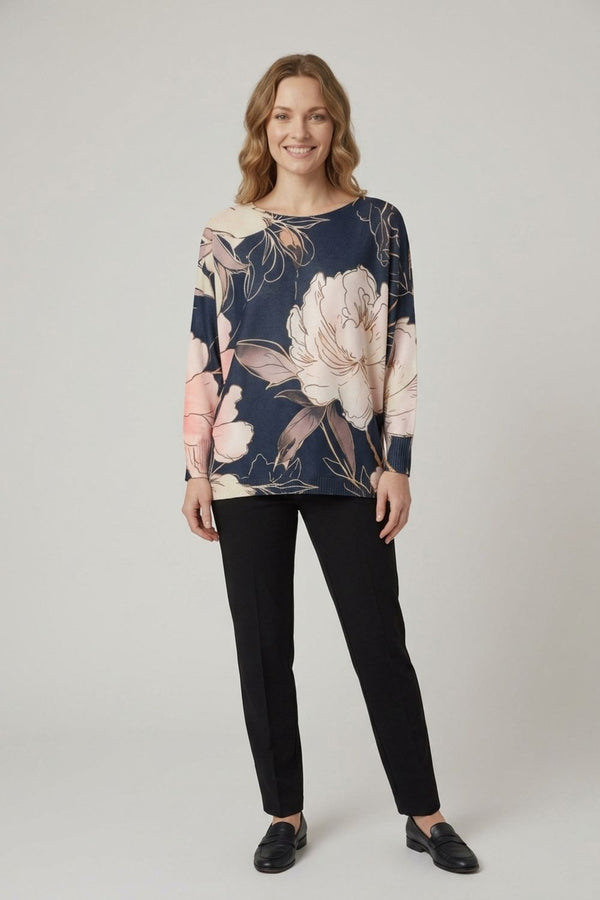 Navy | Floral 3/4 Sleeve Lightweight Jumper
