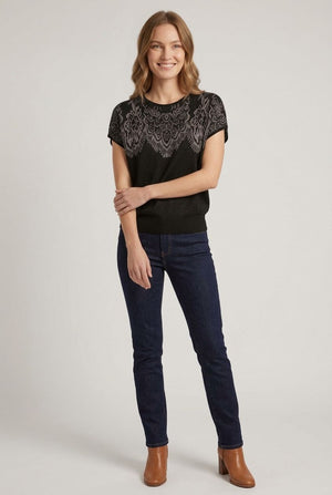 Black | Border Print Short Sleeve Knit Top