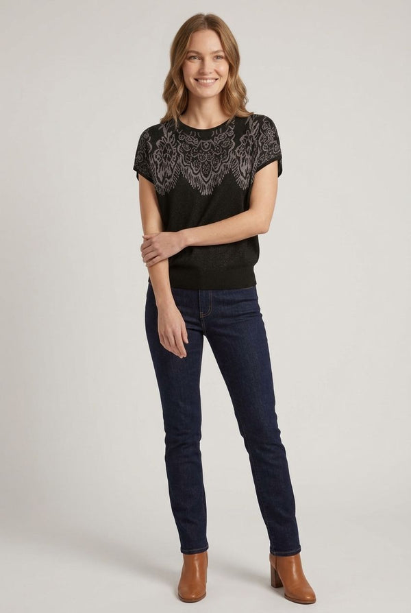 Black | Border Print Short Sleeve Knit Top