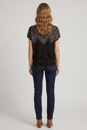 Black | Border Print Short Sleeve Knit Top