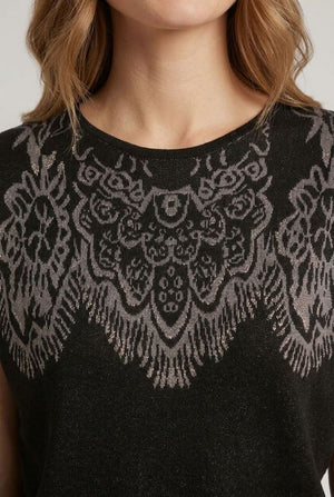 Black | Border Print Short Sleeve Knit Top