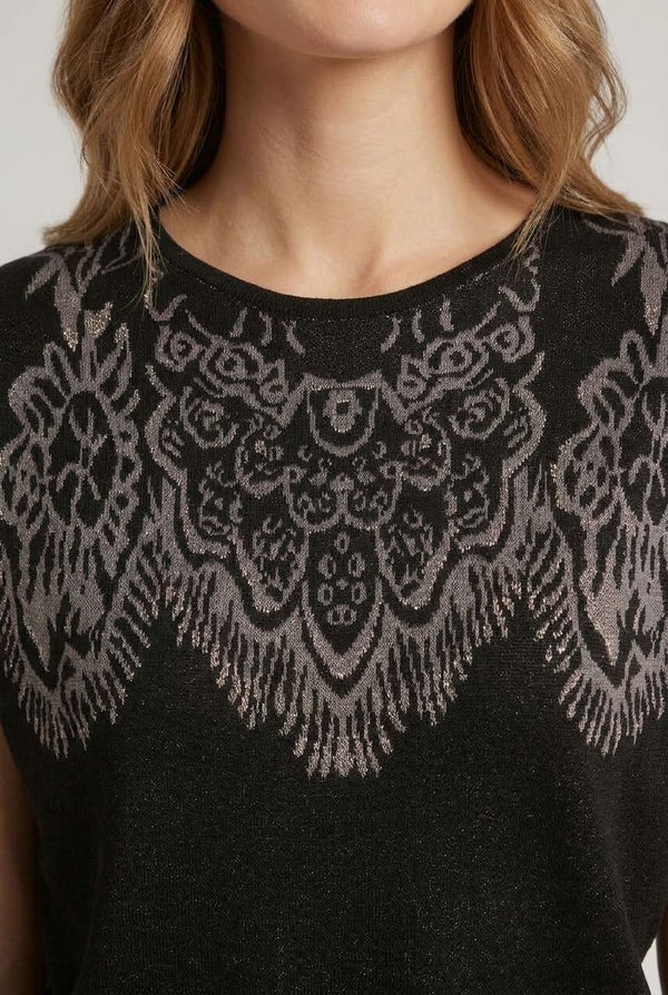 Black | Border Print Short Sleeve Knit Top