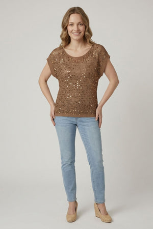 Brown | Sequin Embellished Mesh Cap Sleeve Top