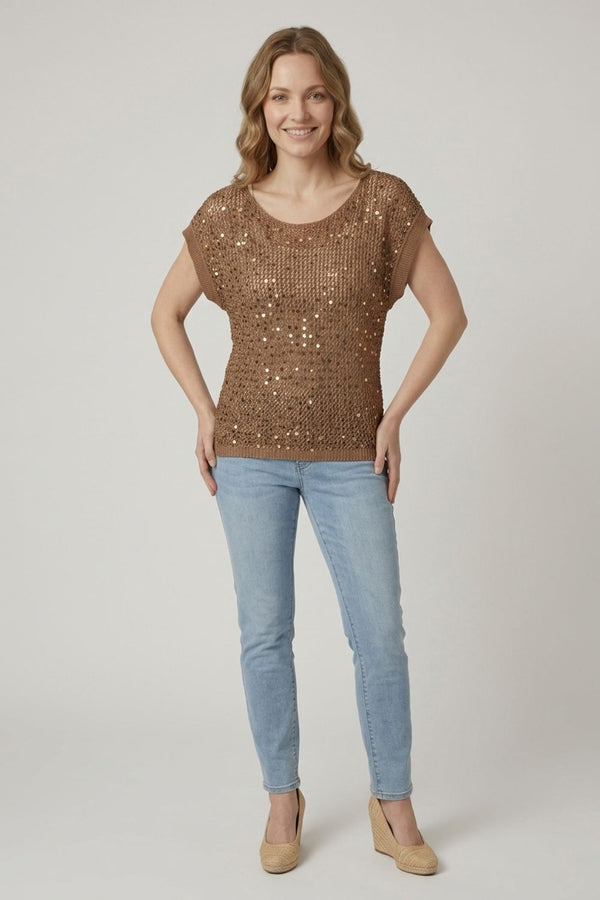 Brown | Sequin Embellished Mesh Cap Sleeve Top