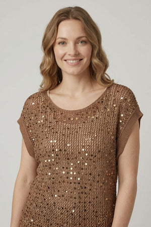 Brown | Sequin Embellished Mesh Cap Sleeve Top