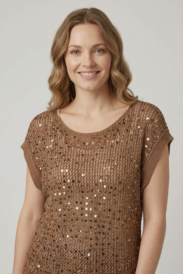 Brown | Sequin Embellished Mesh Cap Sleeve Top
