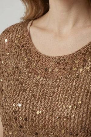 Brown | Sequin Embellished Mesh Cap Sleeve Top