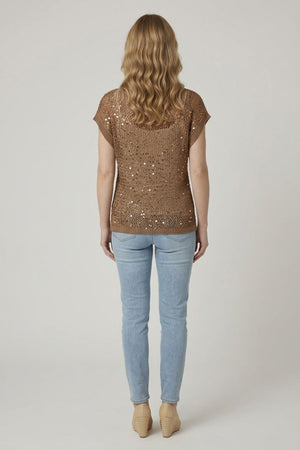 Brown | Sequin Embellished Mesh Cap Sleeve Top