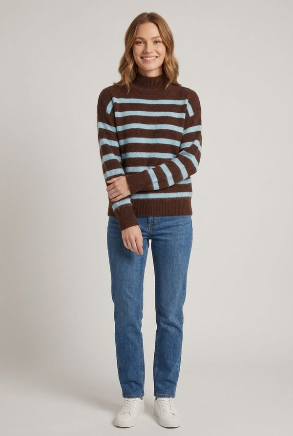 Brown | Stripe High Neck Drop Shoulder Jumper