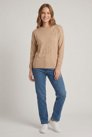 Beige | Floral Stitched Detail Relaxed Jumper