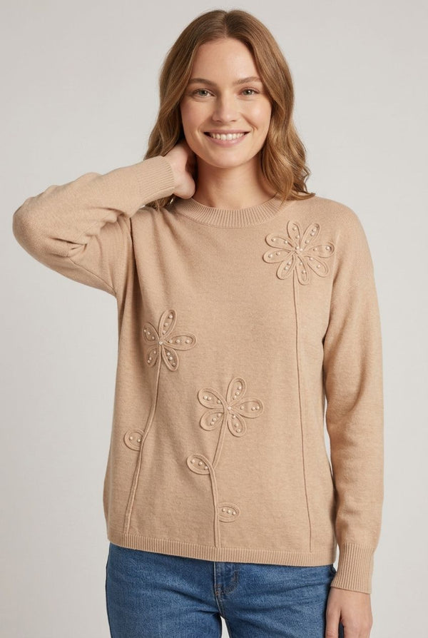 Beige | Floral Stitched Detail Relaxed Jumper