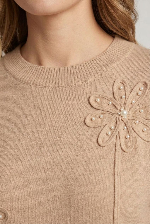 Beige | Floral Stitched Detail Relaxed Jumper