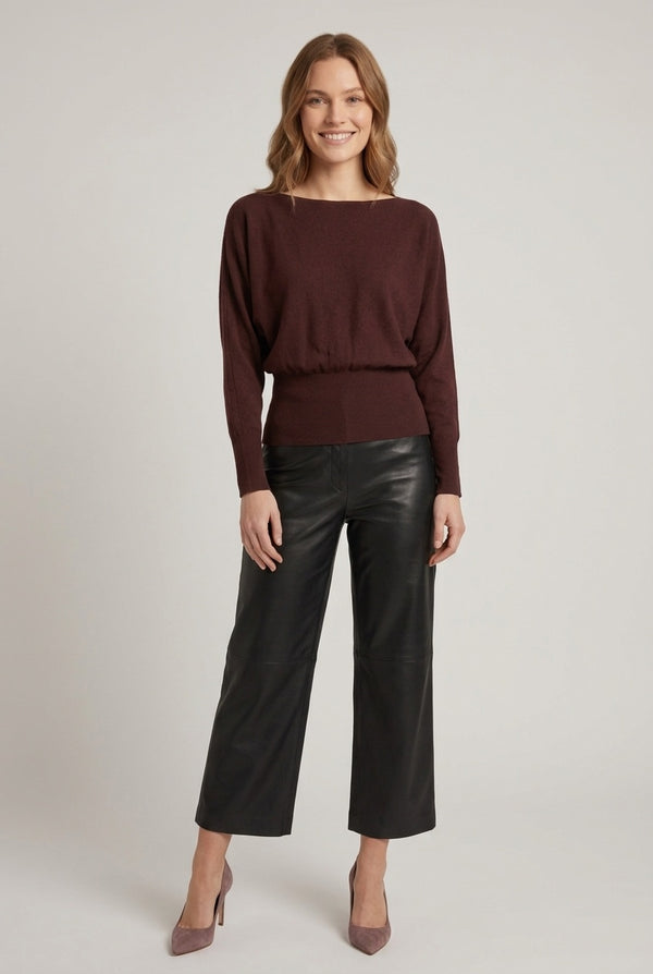 Brown | Stretch Hem Balloon Sleeve Knit Top