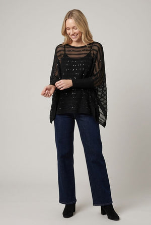 Black | Semi Sheer Striped Mesh Poncho Top : Model is 5'7