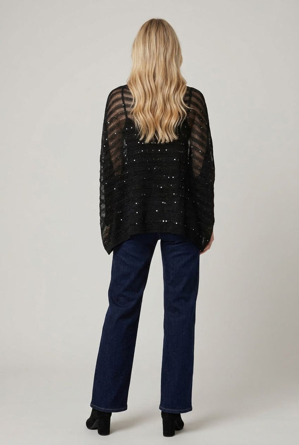 Black | Semi Sheer Striped Mesh Poncho Top