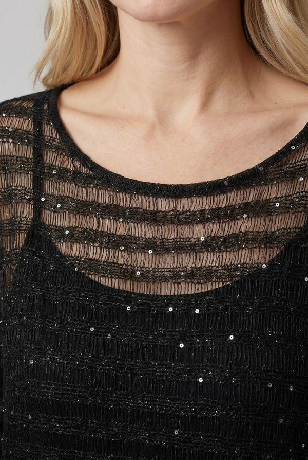 Black | Semi Sheer Striped Mesh Poncho Top