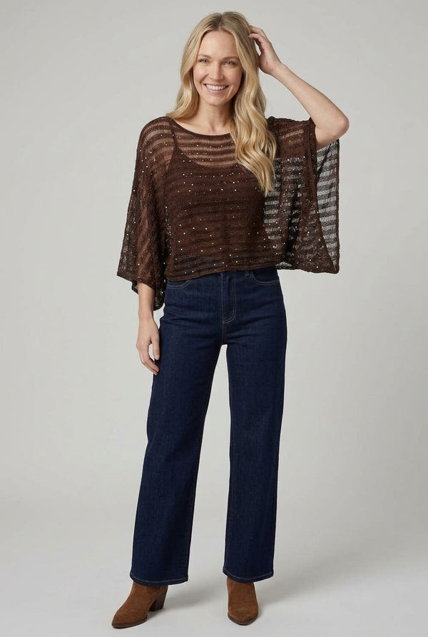 Brown | Semi Sheer Striped Mesh Poncho Top
