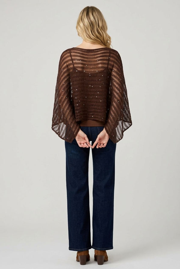 Brown | Semi Sheer Striped Mesh Poncho Top