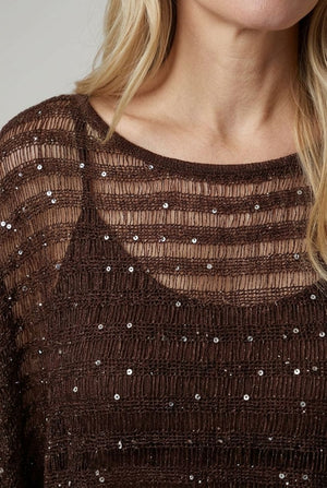 Brown | Semi Sheer Striped Mesh Poncho Top