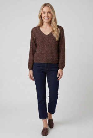 Brown | Textured V-Neck Relaxed Cropped Jumper