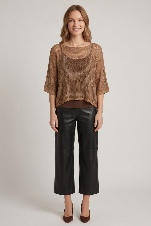 Brown | Mesh Semi Sheer Hanky Hem Relaxed Top