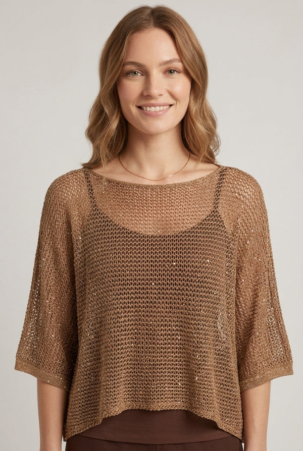 Brown | Mesh Semi Sheer Hanky Hem Relaxed Top