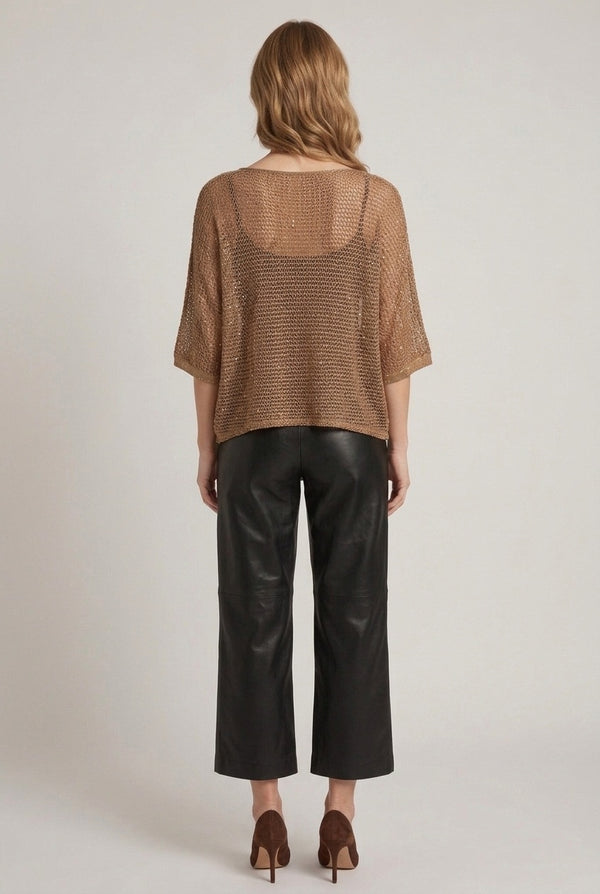 Brown | Mesh Semi Sheer Hanky Hem Relaxed Top
