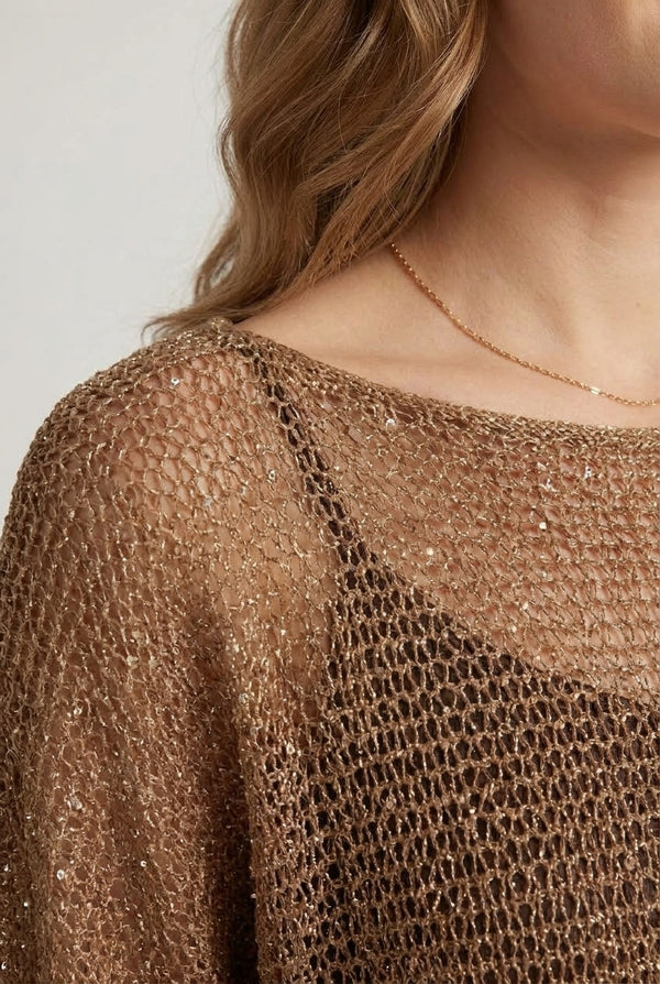 Brown | Mesh Semi Sheer Hanky Hem Relaxed Top