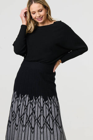 Black | Geo Print Pleated Knit Midi Skirt
