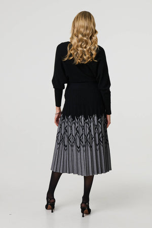 Black | Geo Print Pleated Knit Midi Skirt
