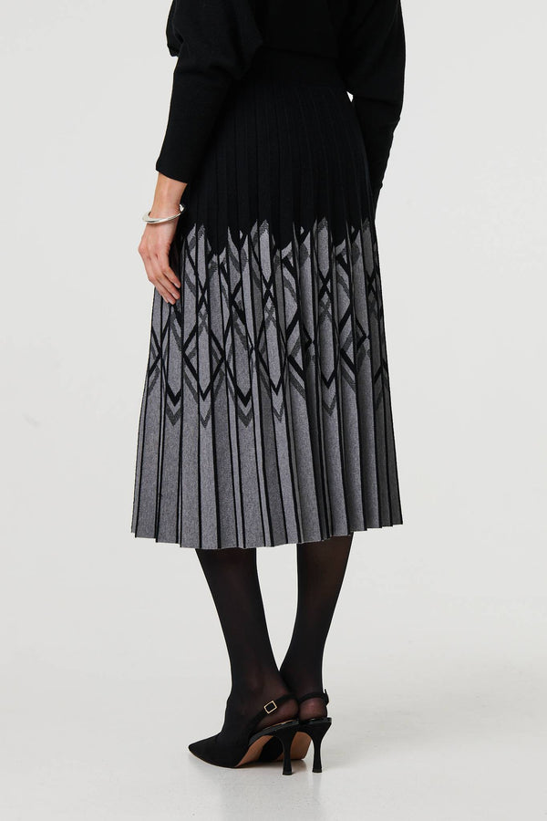 Black | Geo Print Pleated Knit Midi Skirt
