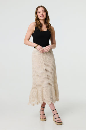 Ivory | Mesh Crochet Texture Tie Waist Midi Skirt
