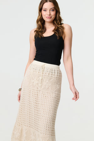 Ivory | Mesh Crochet Texture Tie Waist Midi Skirt
