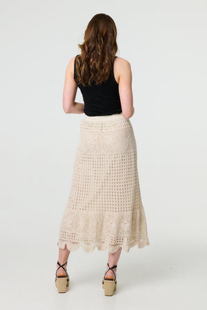 Ivory | Mesh Crochet Texture Tie Waist Midi Skirt
