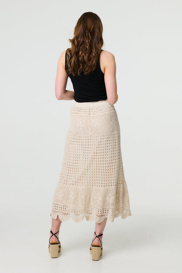 Ivory | Mesh Crochet Texture Tie Waist Midi Skirt
