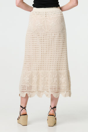 Ivory | Mesh Crochet Texture Tie Waist Midi Skirt
