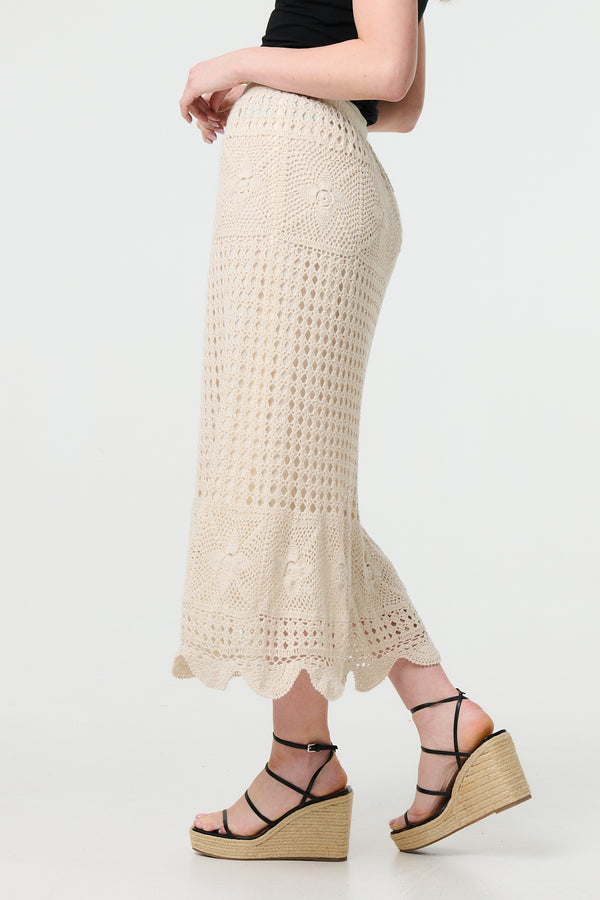 Ivory | Mesh Crochet Texture Tie Waist Midi Skirt
