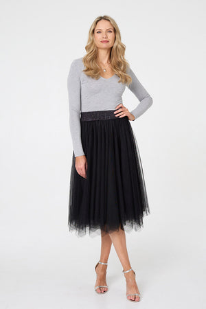 Black | Reversible Knit Mesh Texture Midi Skirt
