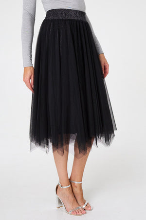 Black | Reversible Knit Mesh Texture Midi Skirt
