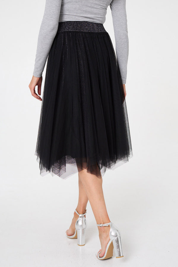 Black | Reversible Knit Mesh Texture Midi Skirt
