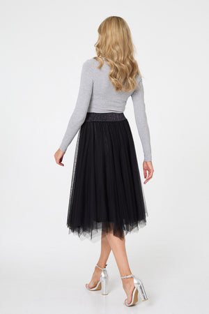 Black | Reversible Knit Mesh Texture Midi Skirt

