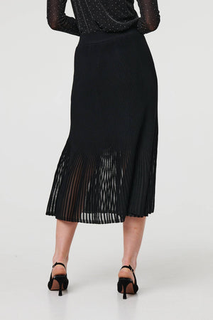 Black | Semi Sheer Pleat High Waist Midi Skirt
