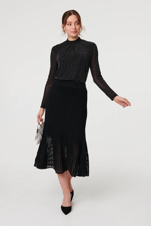 Black | Semi Sheer Pleat High Waist Midi Skirt
