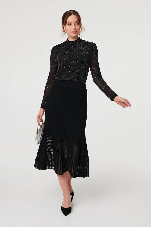 Black | Semi Sheer Pleat High Waist Midi Skirt
