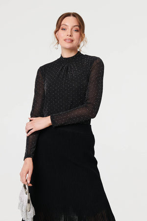 Black | Semi Sheer Pleat High Waist Midi Skirt
