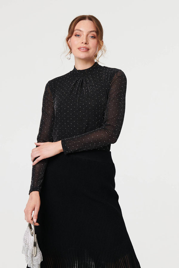 Black | Semi Sheer Pleat High Waist Midi Skirt
